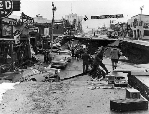 Damage in downtown Anchorage due to the earthquake.