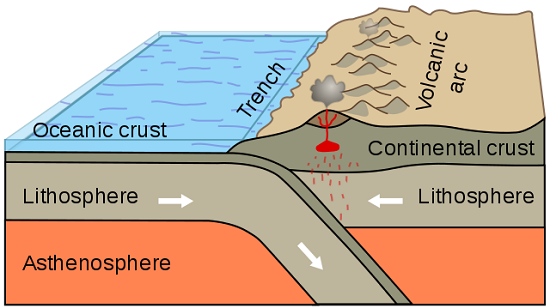 Convergent boundary in a subduction zone between a continental plate and an oceanic plate.  USGS