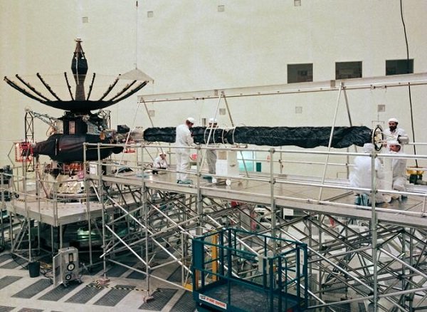 Galileo spacecraft being built prior to its 14 year mission to study Jupiter.